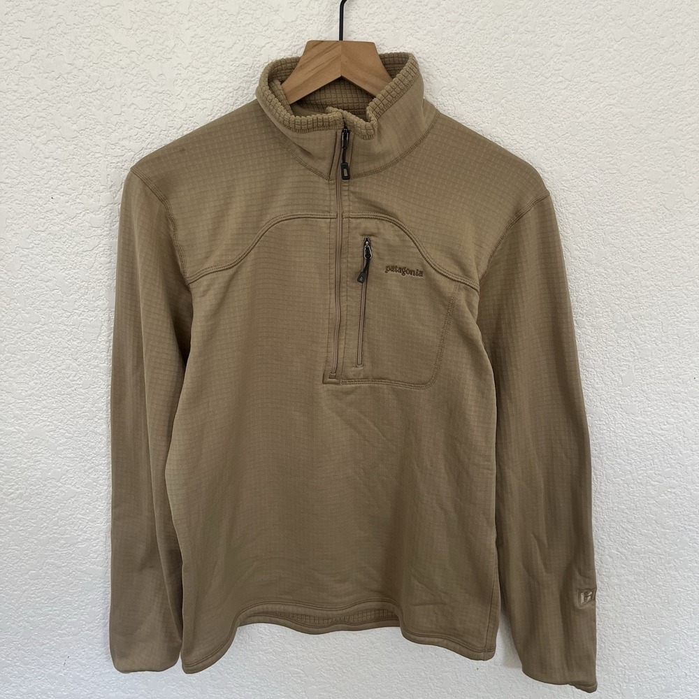 Patagonia R1 Fleece Half-Zip Pullover Men's Small Tan Brown Mars Military Grid